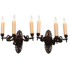 Pair of Early 20th Century Italian Empire Patinated Bronze Sconces with Swans 4