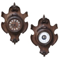 19th Century French Hand Carved Walnut Baroque Barometer and Clock Set, 1860's