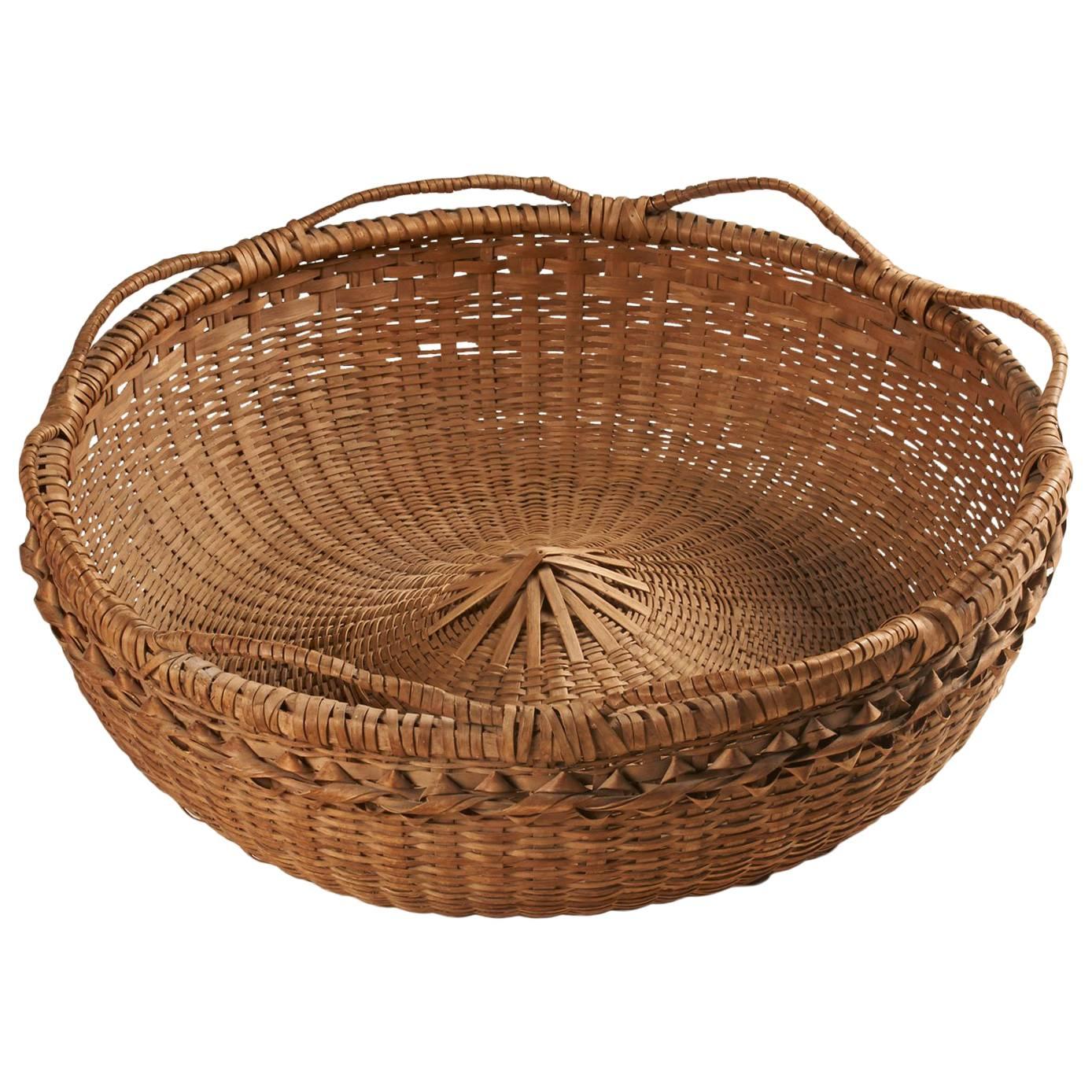Large Native American Round Splint Basket with Open-Coiled Handles