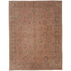 Antique Turkish Oushak Rug with Floral Motifs in Lavender, Coral-Pink, and Green
