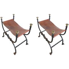 Pair of 19th Century Iron and Leather Benches