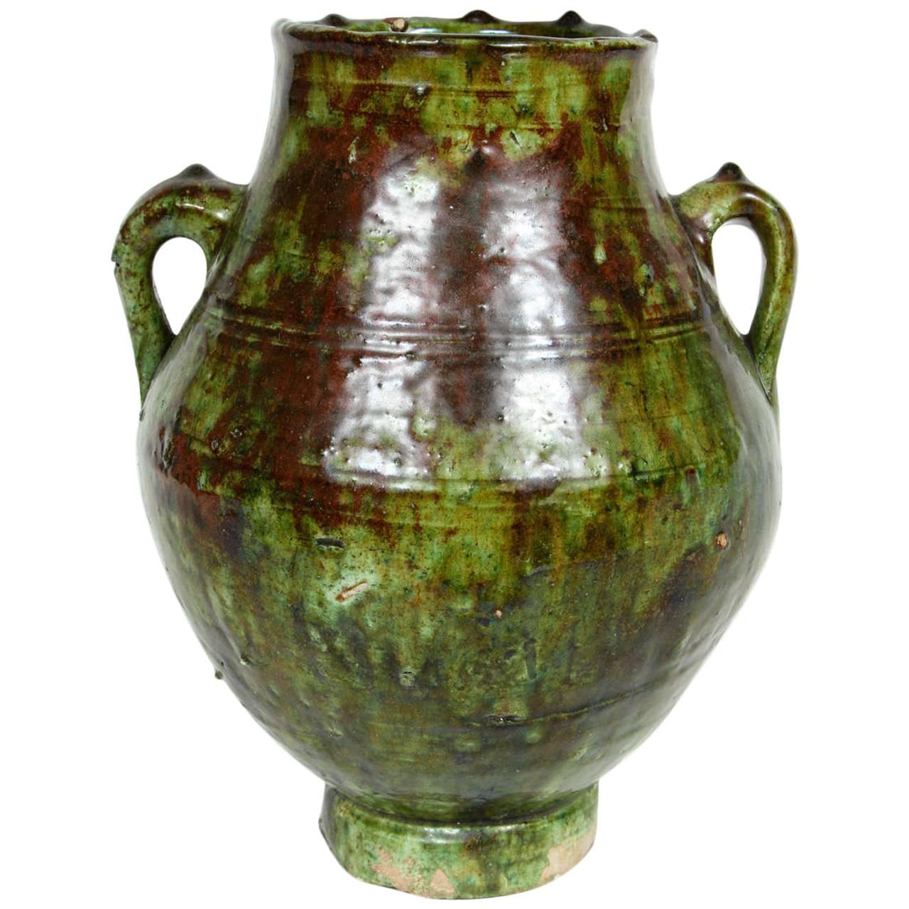 Moroccan Tribal Green Glazed Terracotta Jar