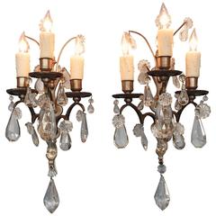Pair of Mid-19th Century Italian Baroque Silvered Bronze and Crystal Sconces 11
