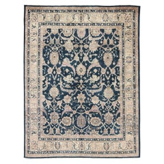 Turkish Vintage Carpet with Deep Navy Background and Lovely Botanical Motifs