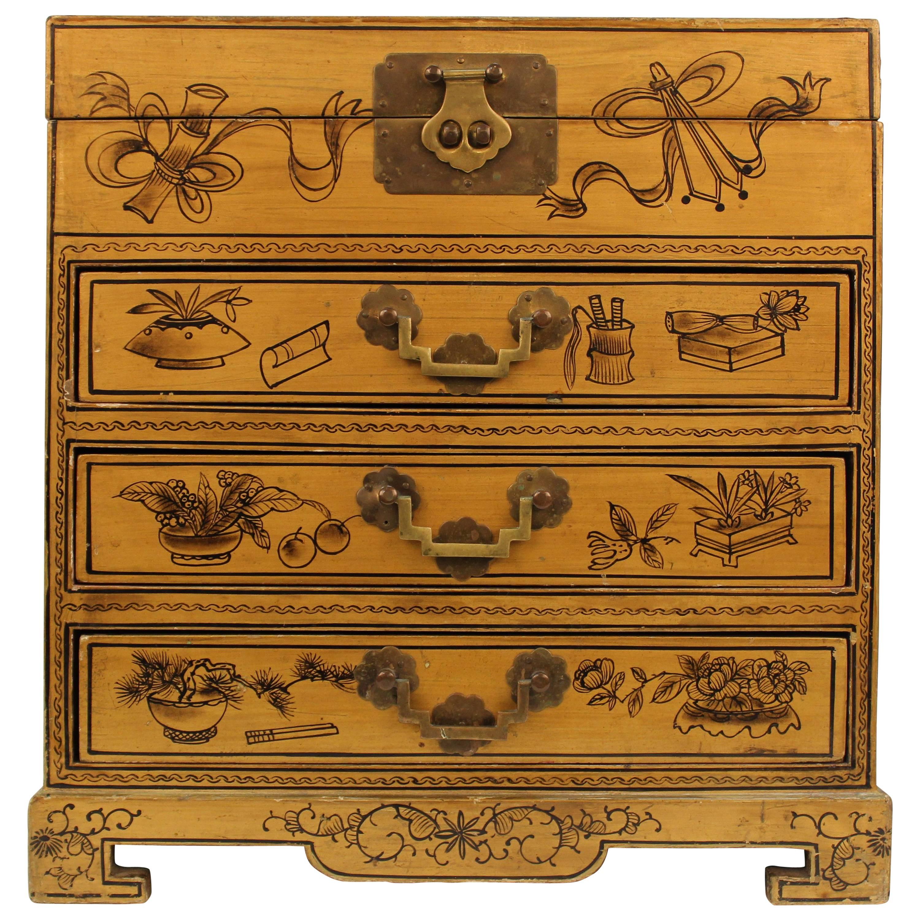 Chinoiserie Chest with Landscape and Symbols of Good Fortune