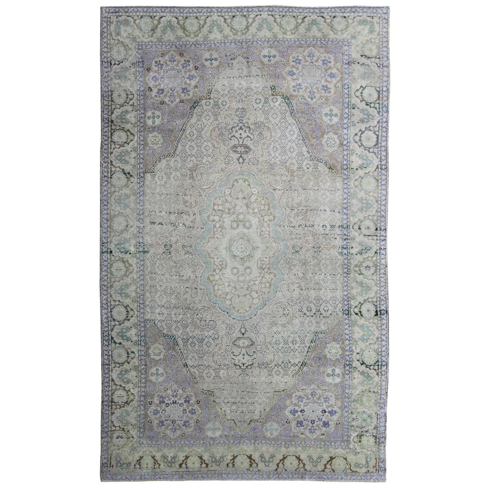Vintage Turkish Rug with European Design in Various Shades of Lavender and Green