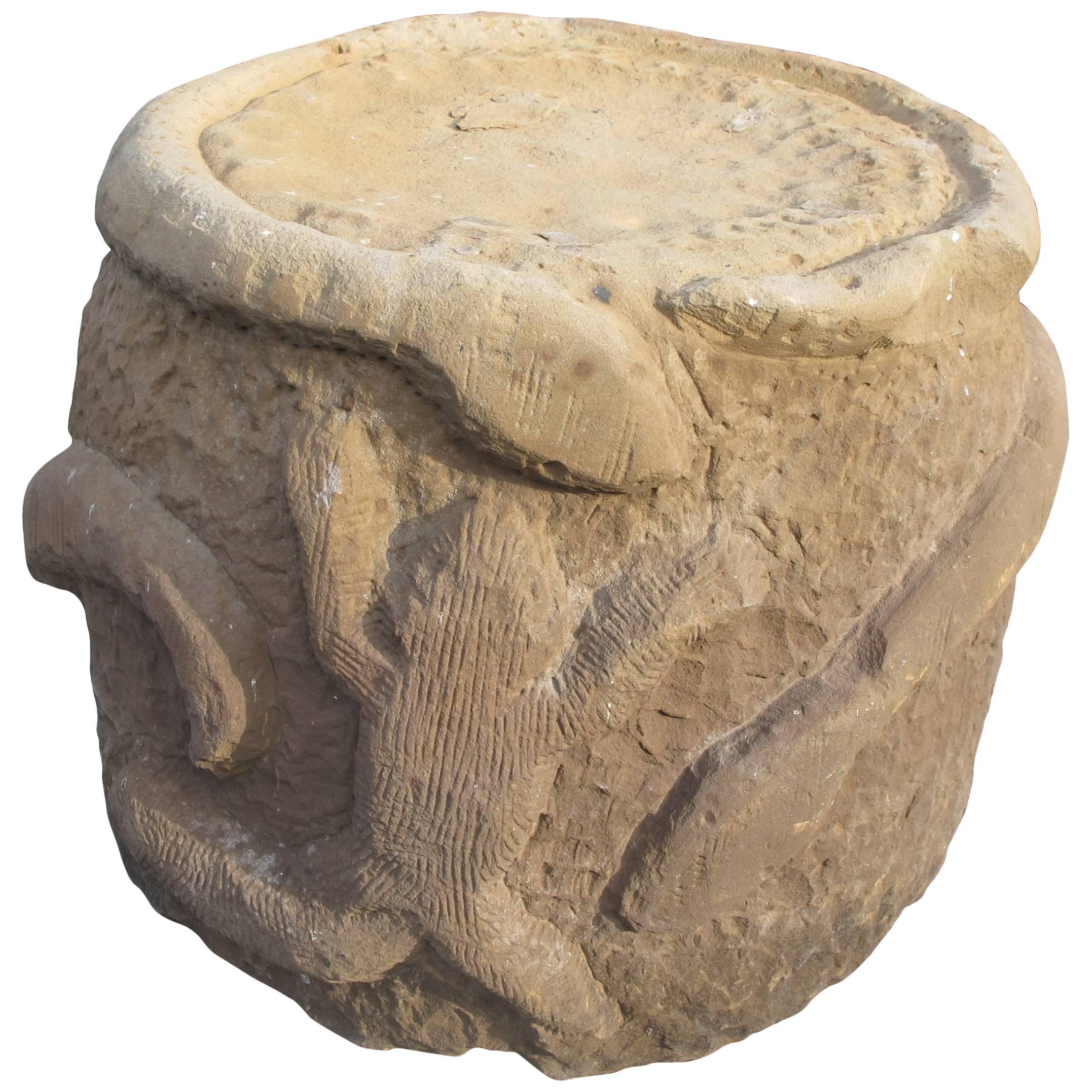 Carved Sandstone Stool with Frog and Snakes For Sale