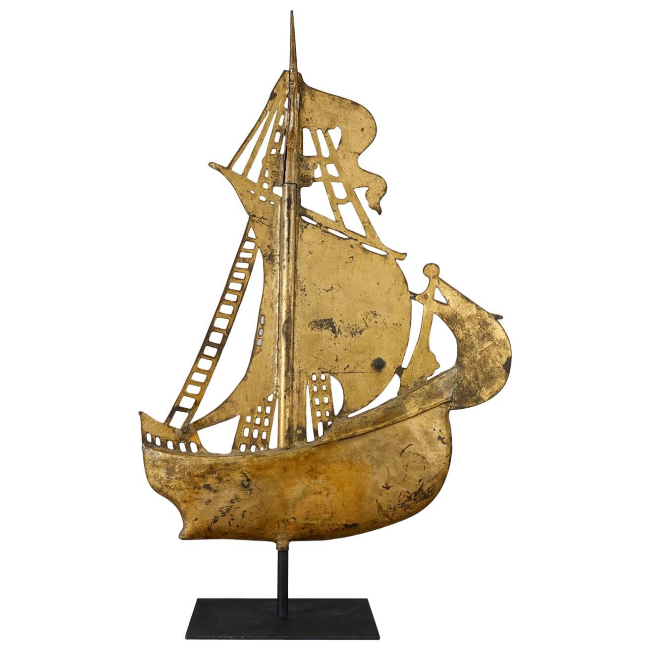 New England Ship Weathervane in Copper and Cast Iron Sails, circa 1880 For Sale