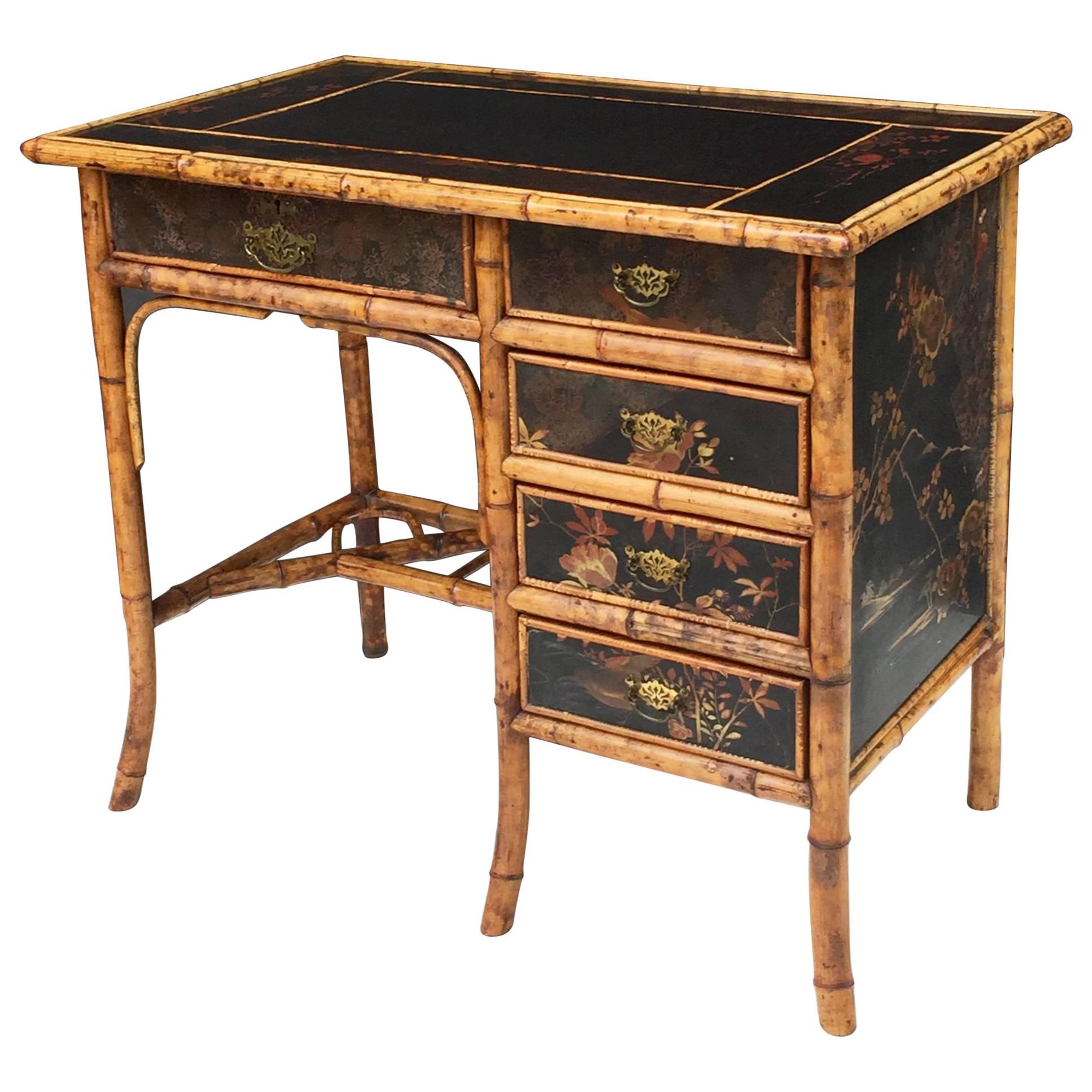 English Bamboo Writing Desk with Leather Top and Lacquered Sides