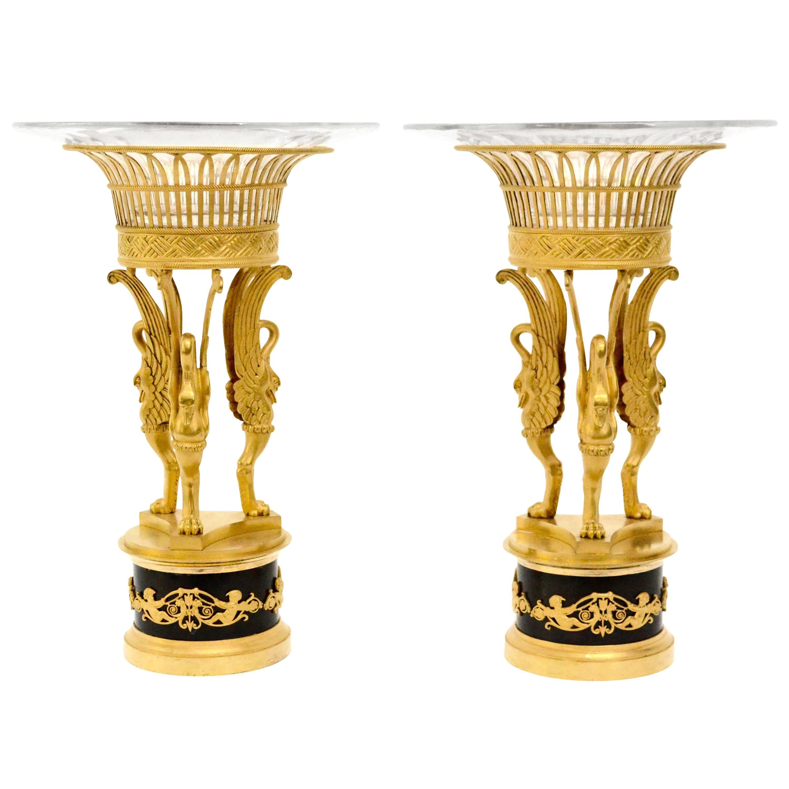 Pair of Empire Gilt Bronze and Cut-Glass Surtout De Table
