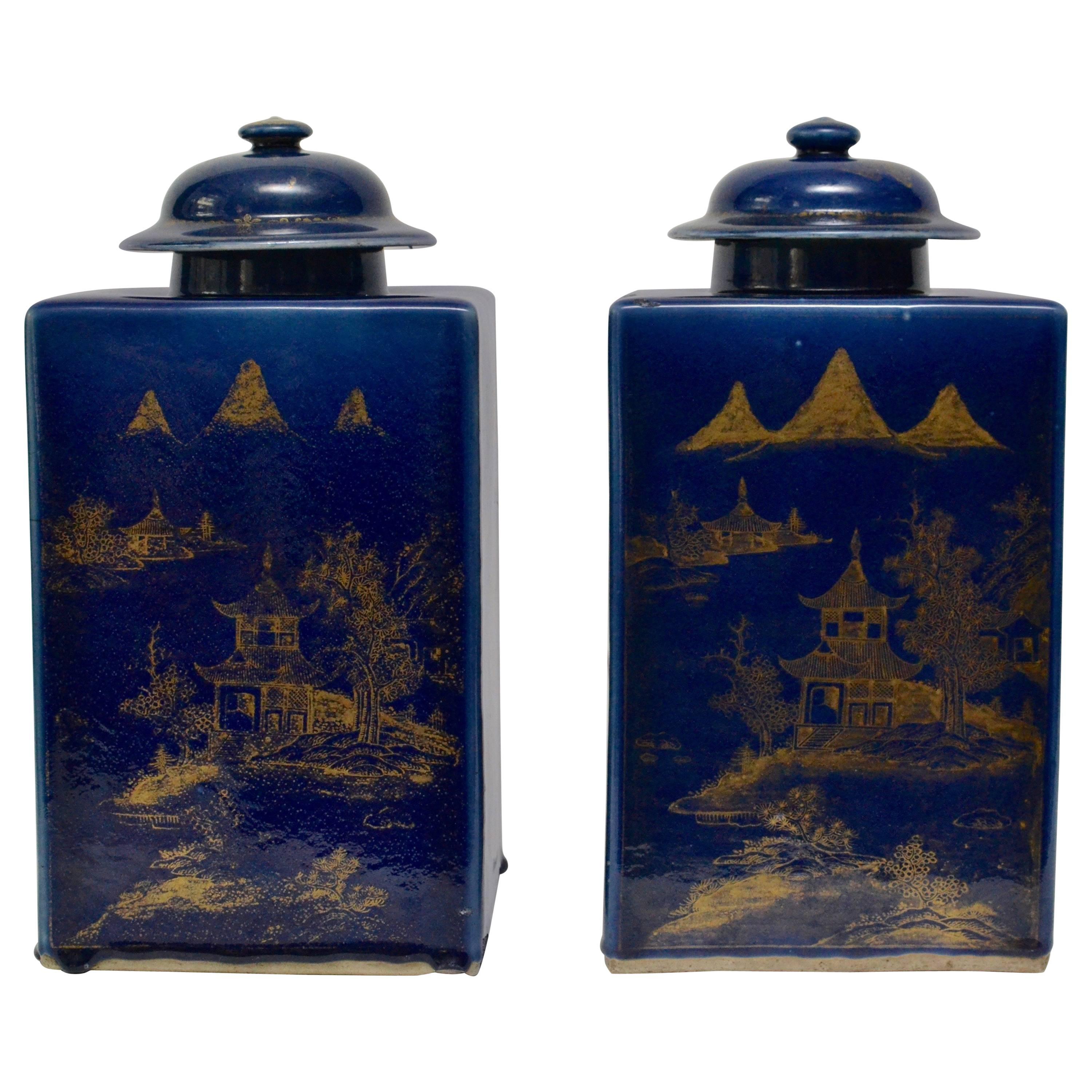 Pair of Powder Blue Chinese Tea Caddy Urns with Lids, circa 1800
