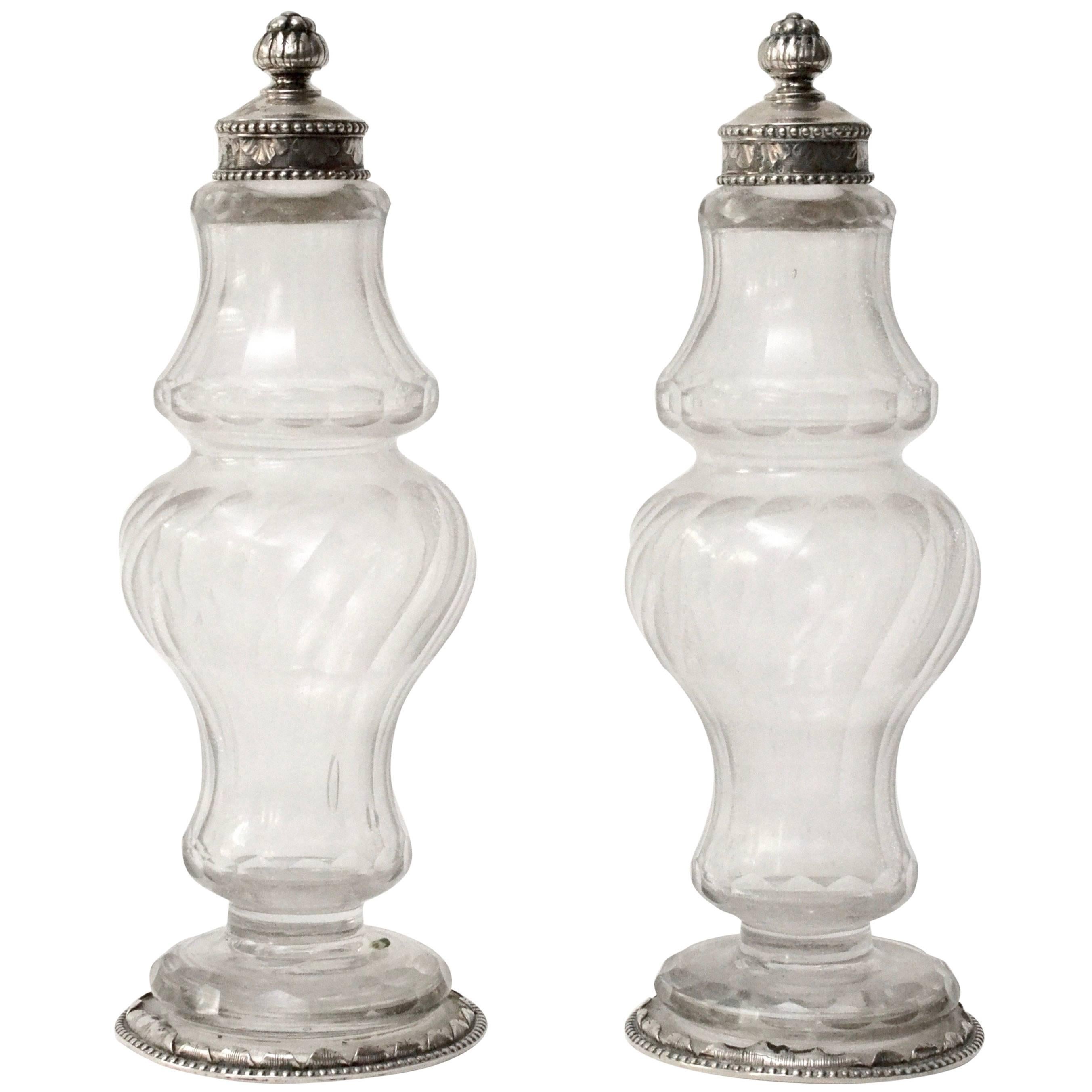 Pair of Swedish, 18th Century Silver-Mounted Cut-Glass Vinegar and Oil Bottles