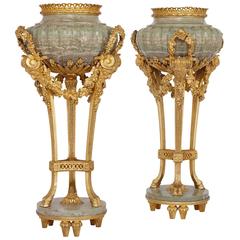 Pair of Ormolu-Mounted Connemara Marble Urns After Gouthière