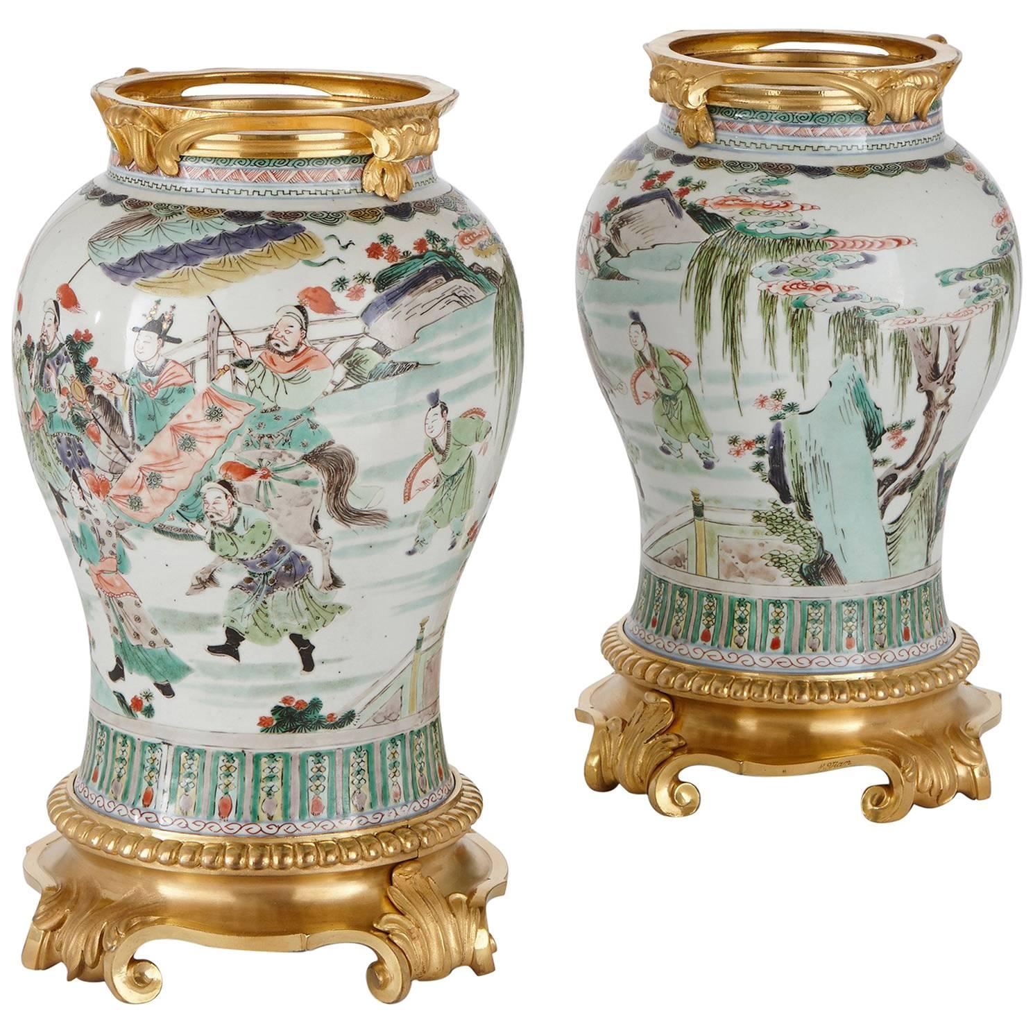 Pair of Ormolu-Mounted Chinese Famille Verte Porcelain Vases
