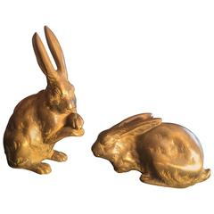 Vintage Fine Pair of Hand Cast Bronze Playful Rabbits from Old Japan