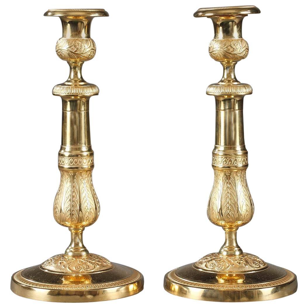 Pair of Ormolu Candlesticks with Palmettes and Flowers
