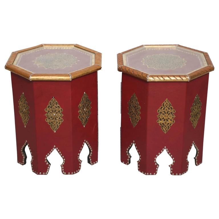 2 moroccan artisan handmade red leather side tables with gilt detailsdramatic for - Leather Side Tables 2 moroccan artisan handmade red leather side tables with gilt detailsdramatic for - Leather Side Tables