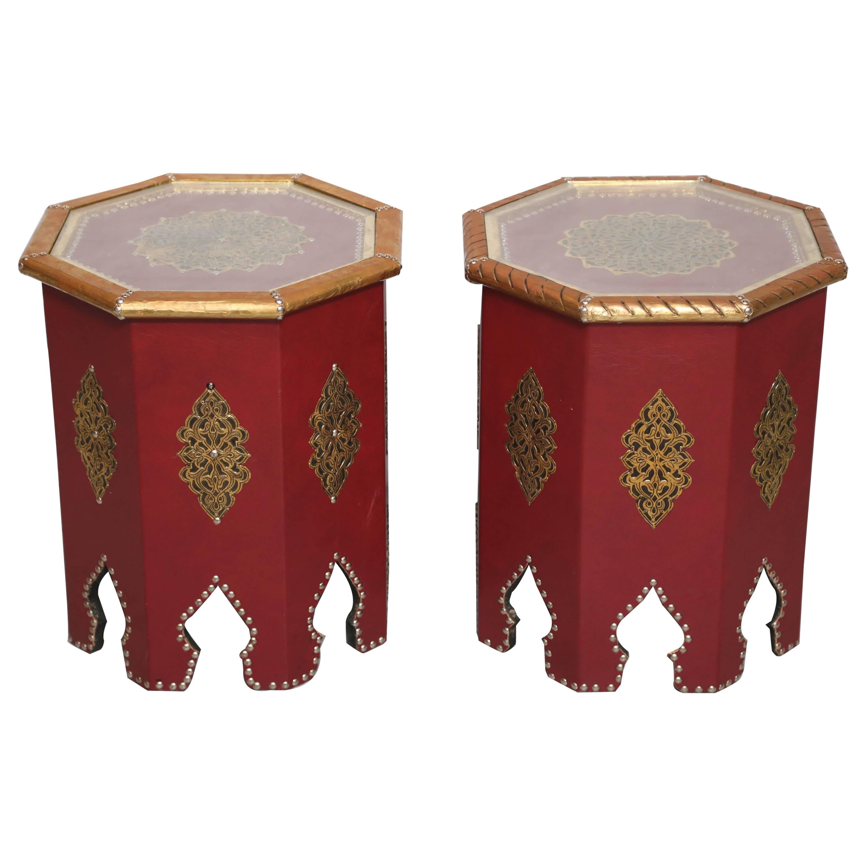 SALE !SALE! SALE !2 Moroccan Artisan, Handmade, Red Leather TABLES red and gold For Sale
