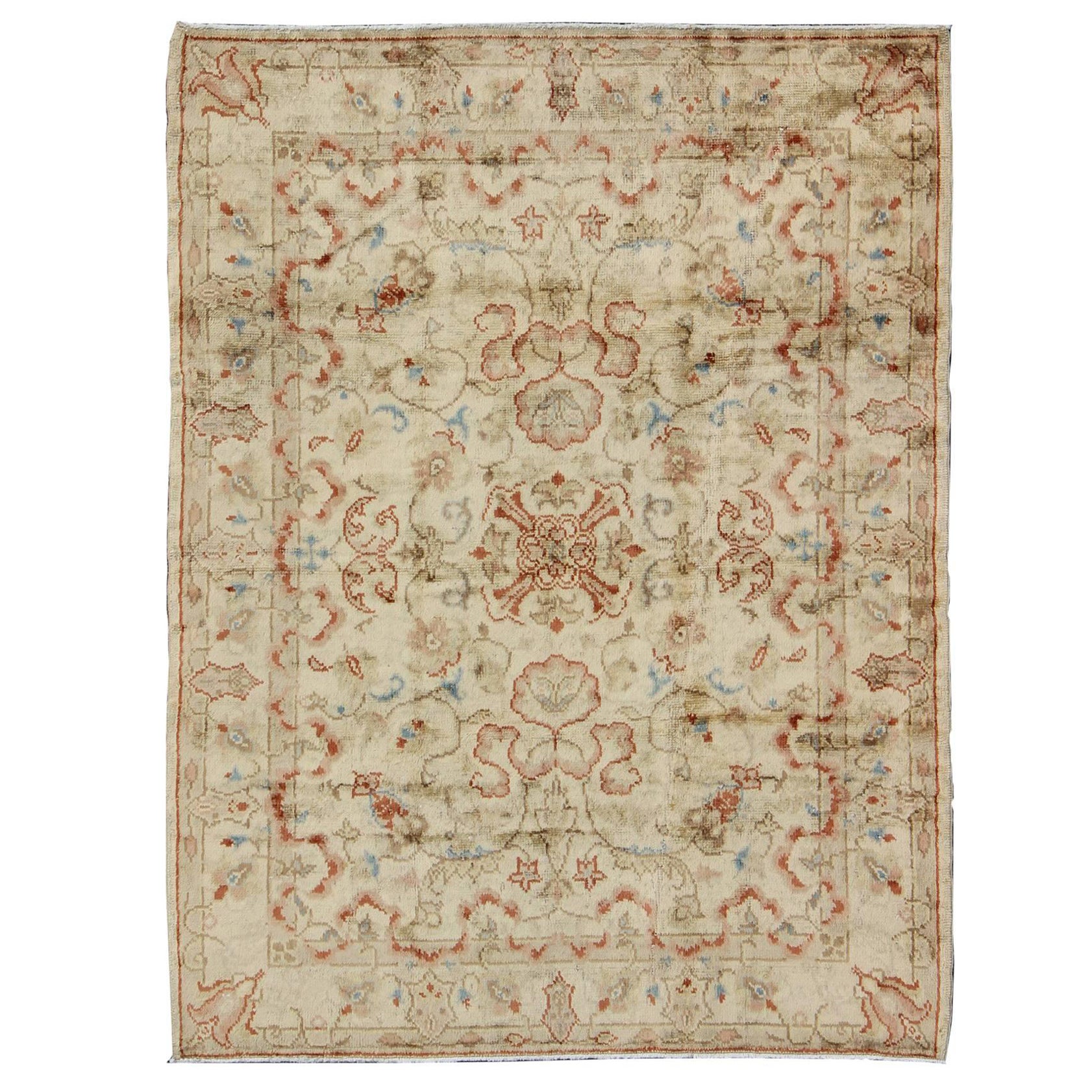 Square Vintage Oushak Rug with All-Over Floral Design in Butter, Red, Lt. Green