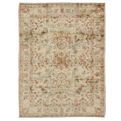 Square Vintage Oushak Rug with All-Over Floral Design in Butter, Red, Lt. Green