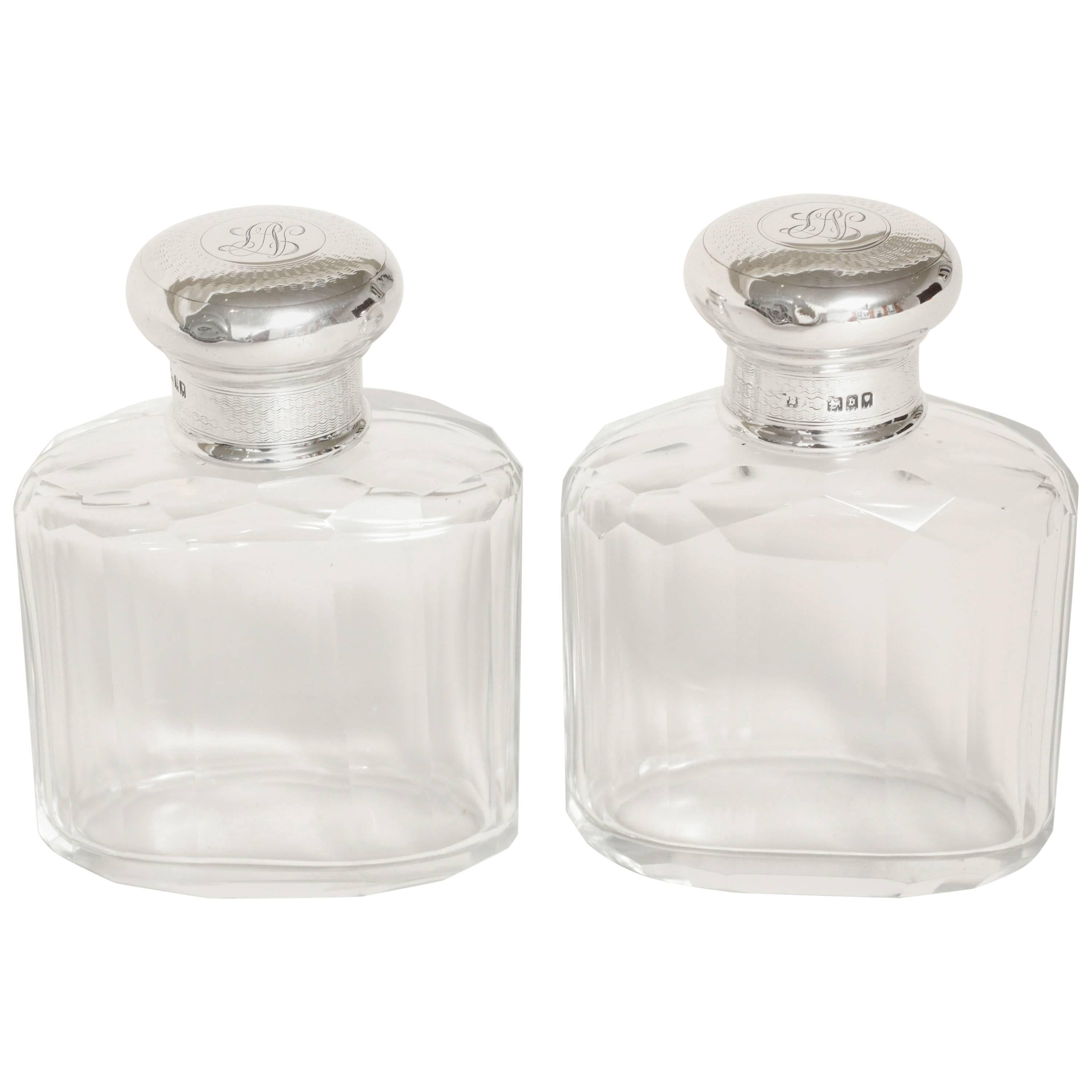 Sybil Dunlop English Art Deco Pair of Crystal & Sterling Silver Scent Bottles For Sale