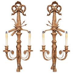 Pair of 19th Century French Louis XVI Carved Giltwood Sconces with Bows