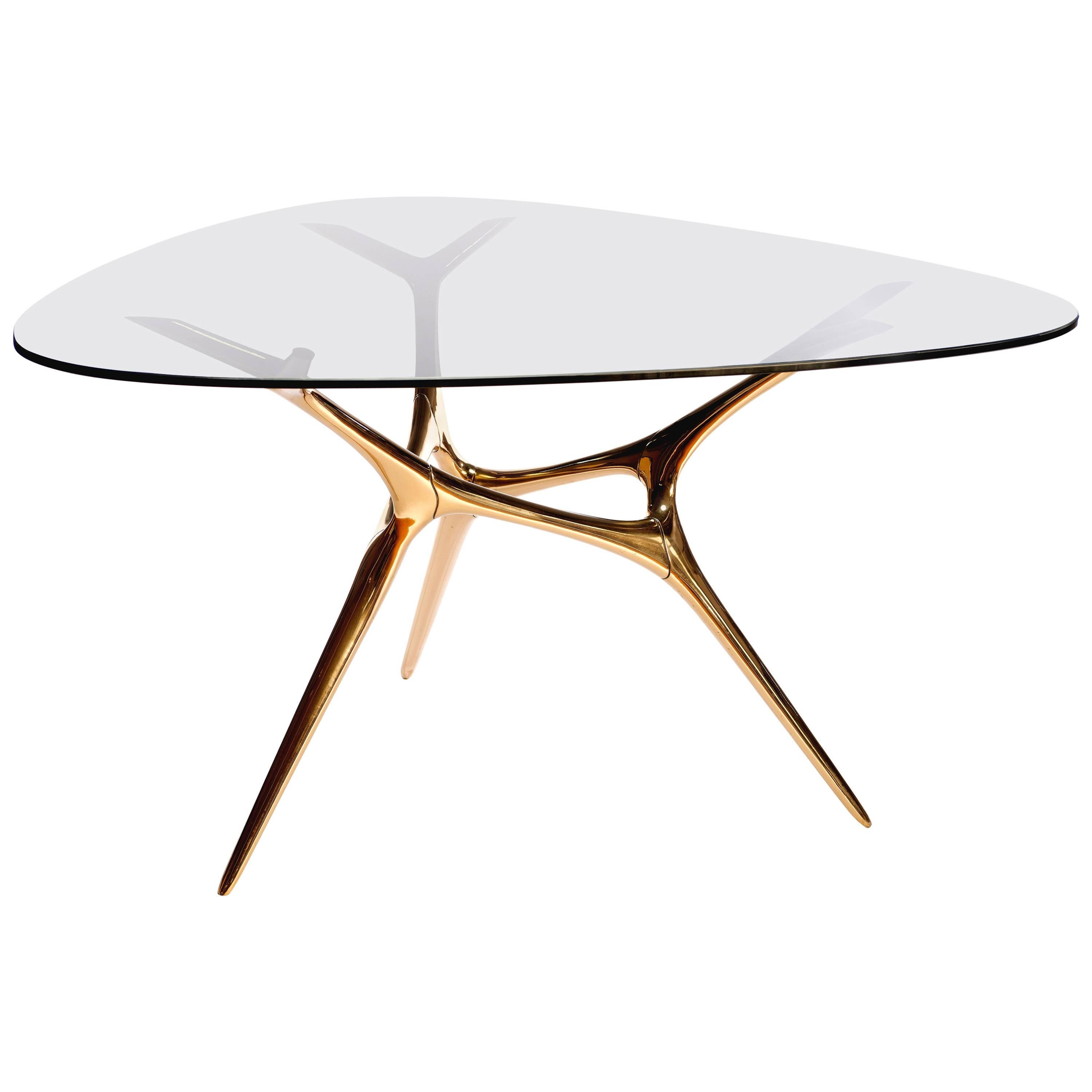 E-Volved Table in Polished Bronze and Etched Glass by Timothy Schreiber
