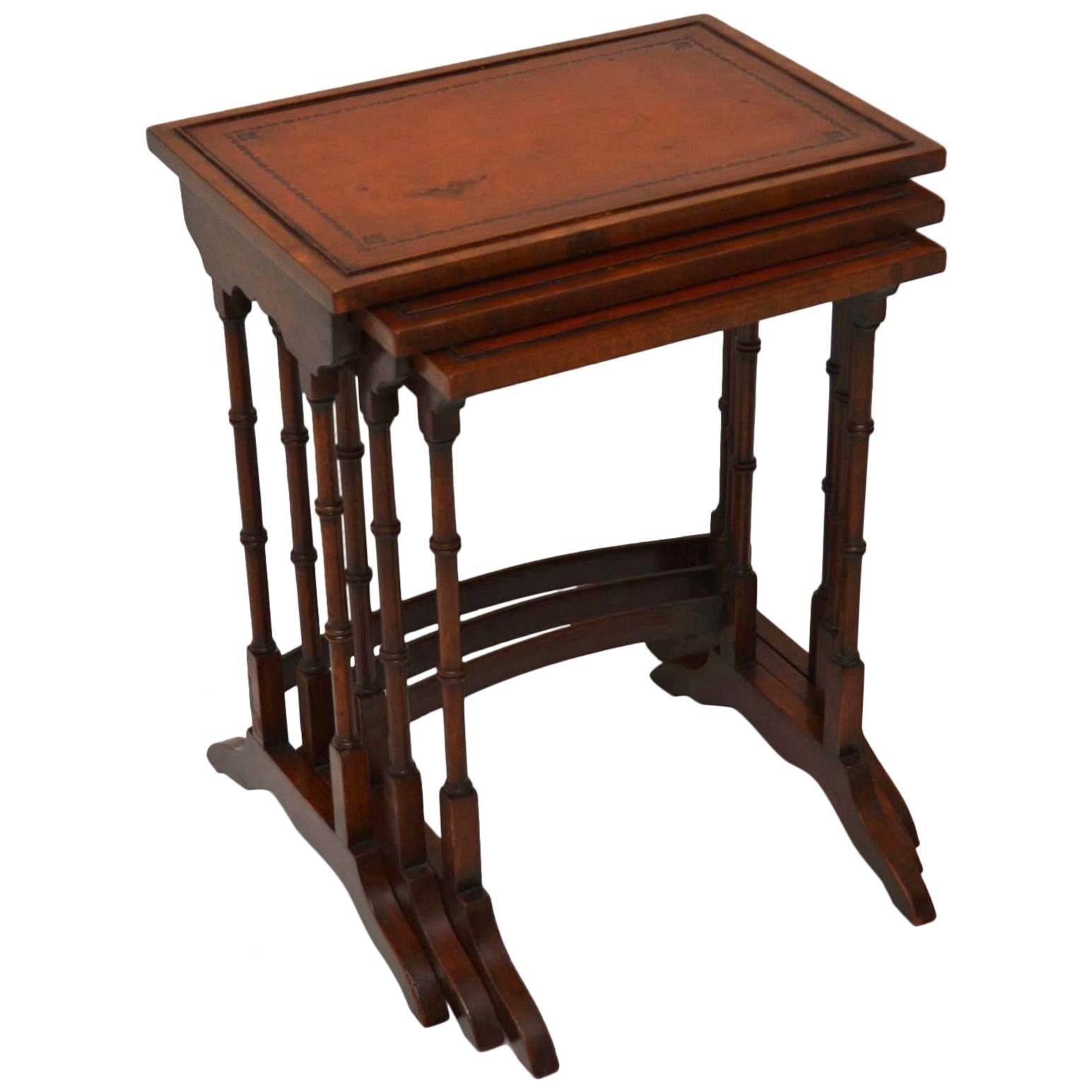 Antique Leather Top Mahogany Nest of Tables