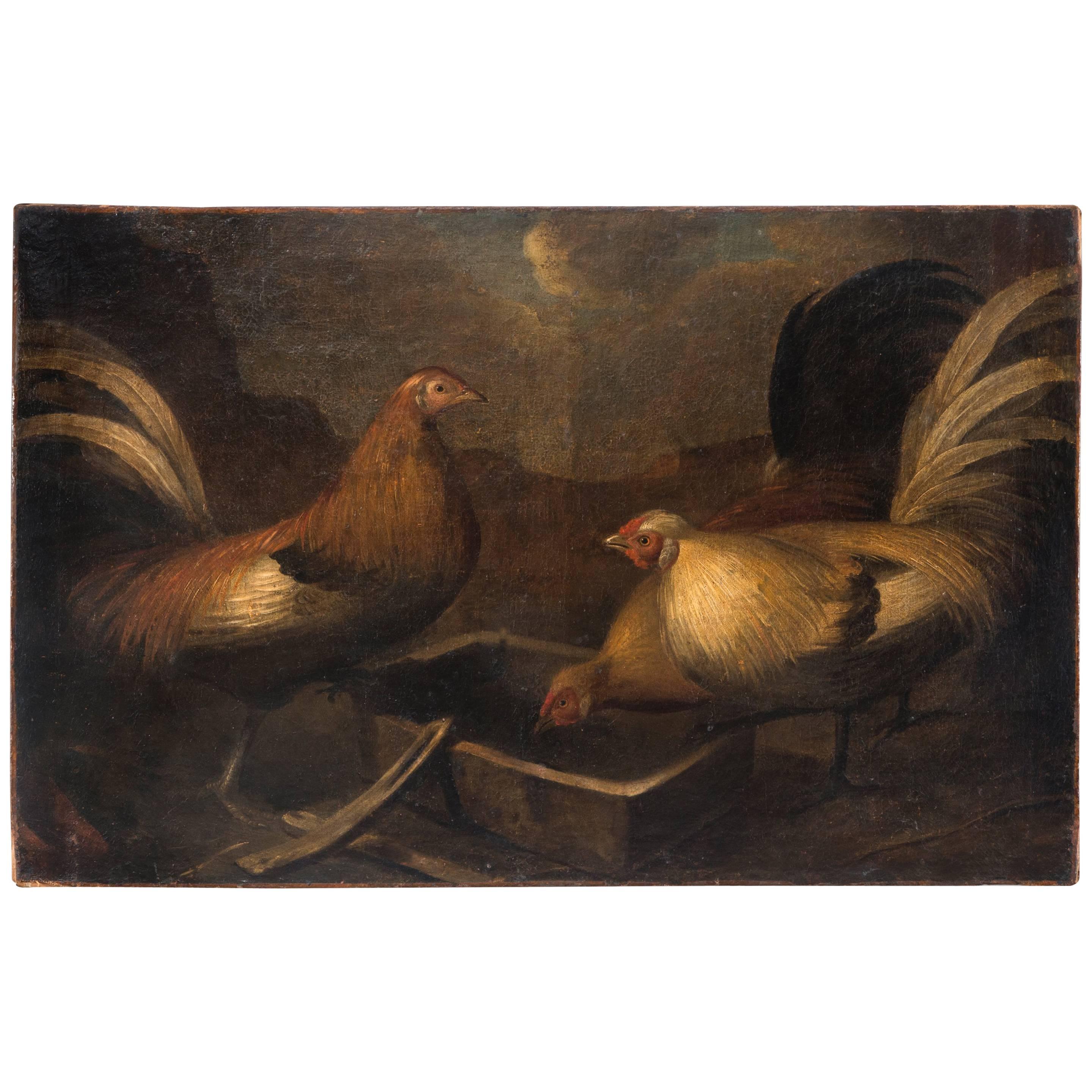 Landscape with Chickens, French, Oil On Canvas