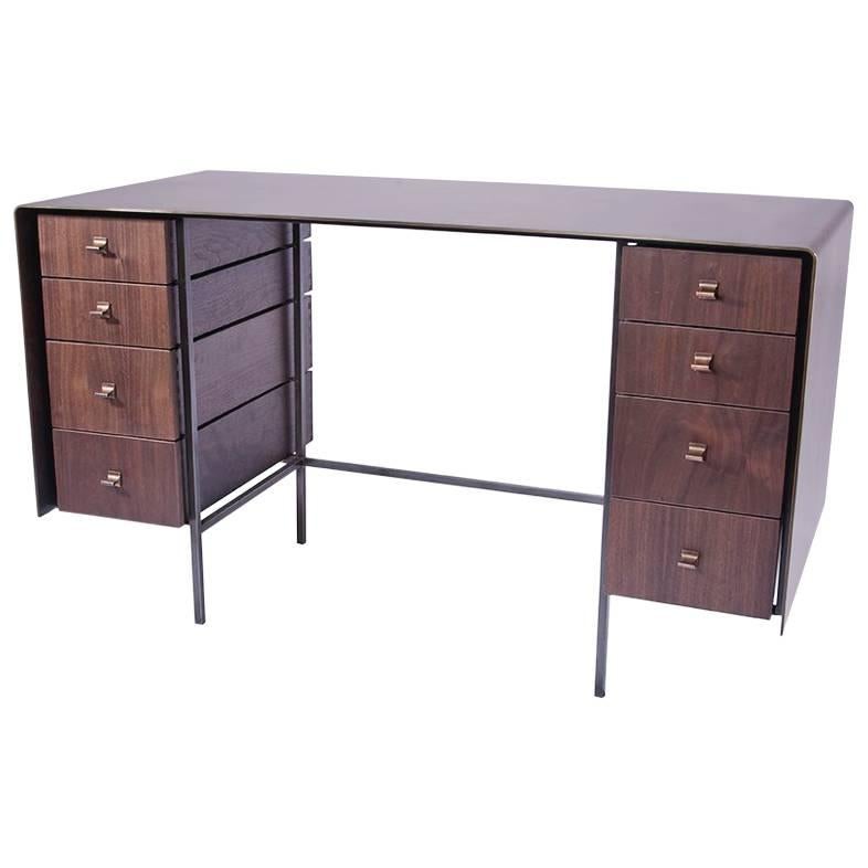 Custom Bent Office/Writing Desk, Made of Bronze and Walnut Drawers