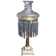 Antique American Brass and Crystal Marble Sinumbra Lamp, Circa 1830
