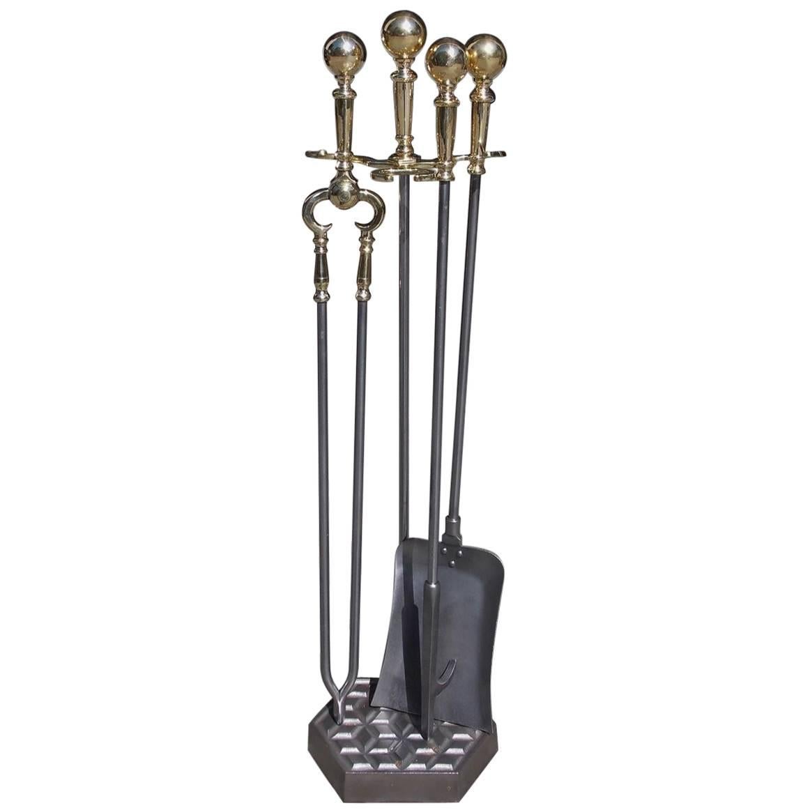 Set of American Ball Top Polished Steel and Brass Tools on Stand, Circa 1840 For Sale
