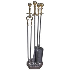 Set of American Ball Top Polished Steel and Brass Tools on Stand, Circa 1840