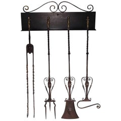 Antique Set of Four Italian Brass and Wrought Iron Fire Tools on Bracket, Circa 1780