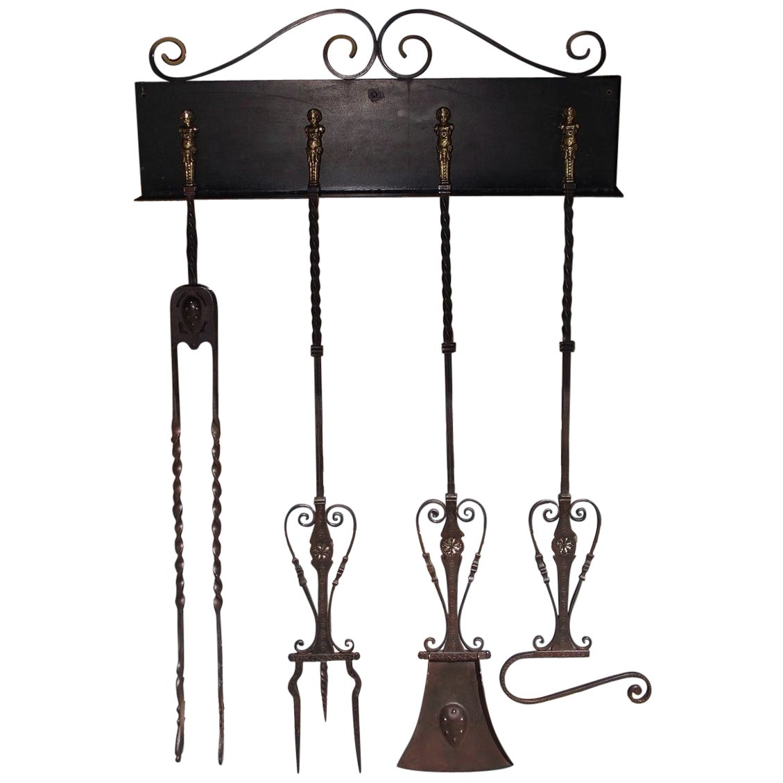 Rustic Gothic Style FourPiece Wrought Iron Fire Tool Set on Stand For