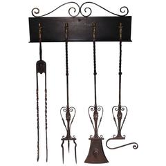 Set of Four Italian Brass and Wrought Iron Fire Tools on Bracket, Circa 1780 12