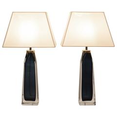 Pair of Mid-Century Blue Crystal Lamps by Carl Fagerlund for Orrefors