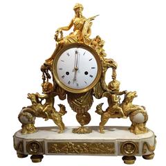 Antique Important Gilt Bronze and Marble Mantel Clock Louis XVI Period