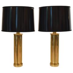 Pair of 1970s French Brass Table Lamps with Black Lacquered Lampshades 8