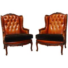 Vintage Pair of Louis XV Tufted Cognac Leather Wingbacks