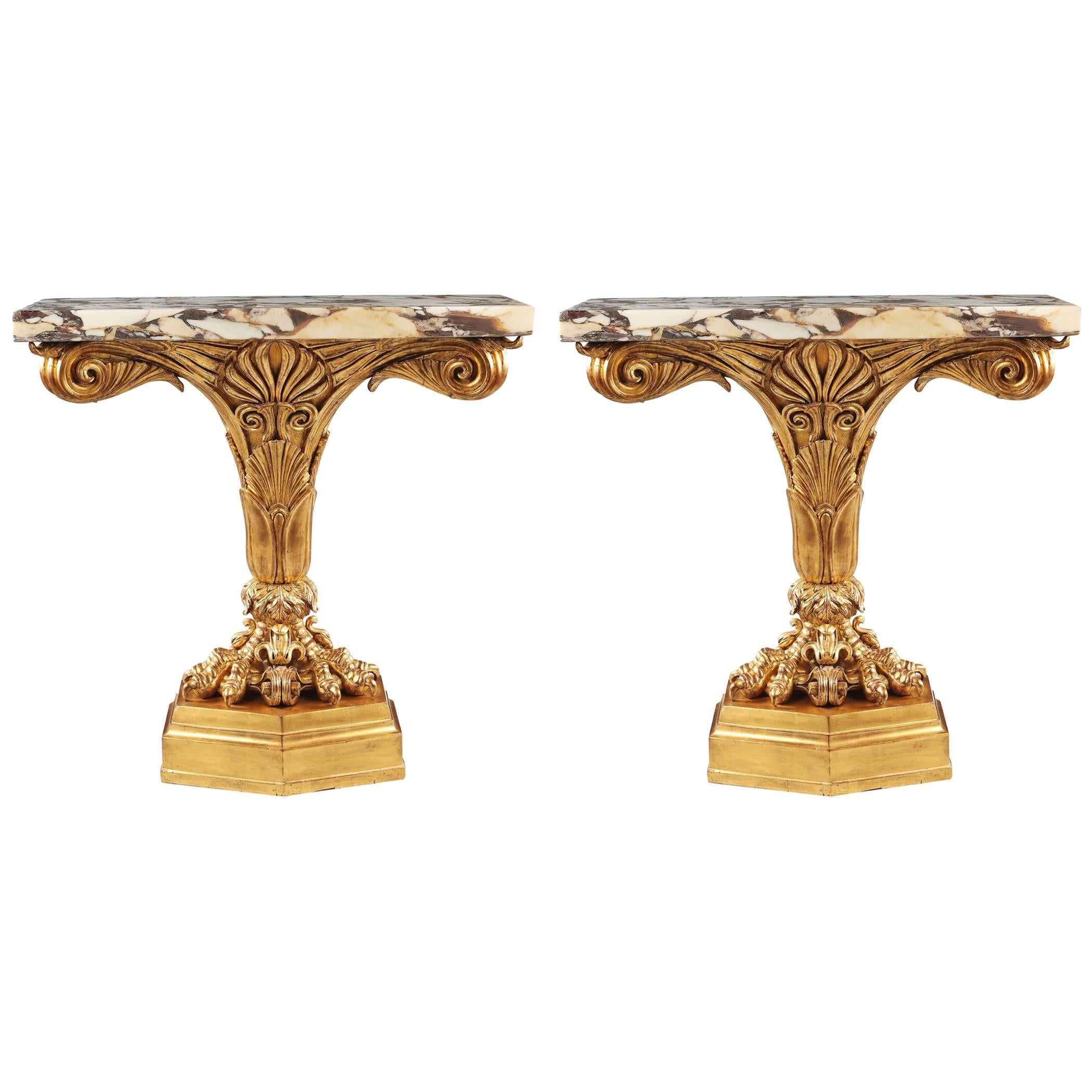 Pair Early 19th Century Italian Neoclassical Giltwood  Console Tables For Sale
