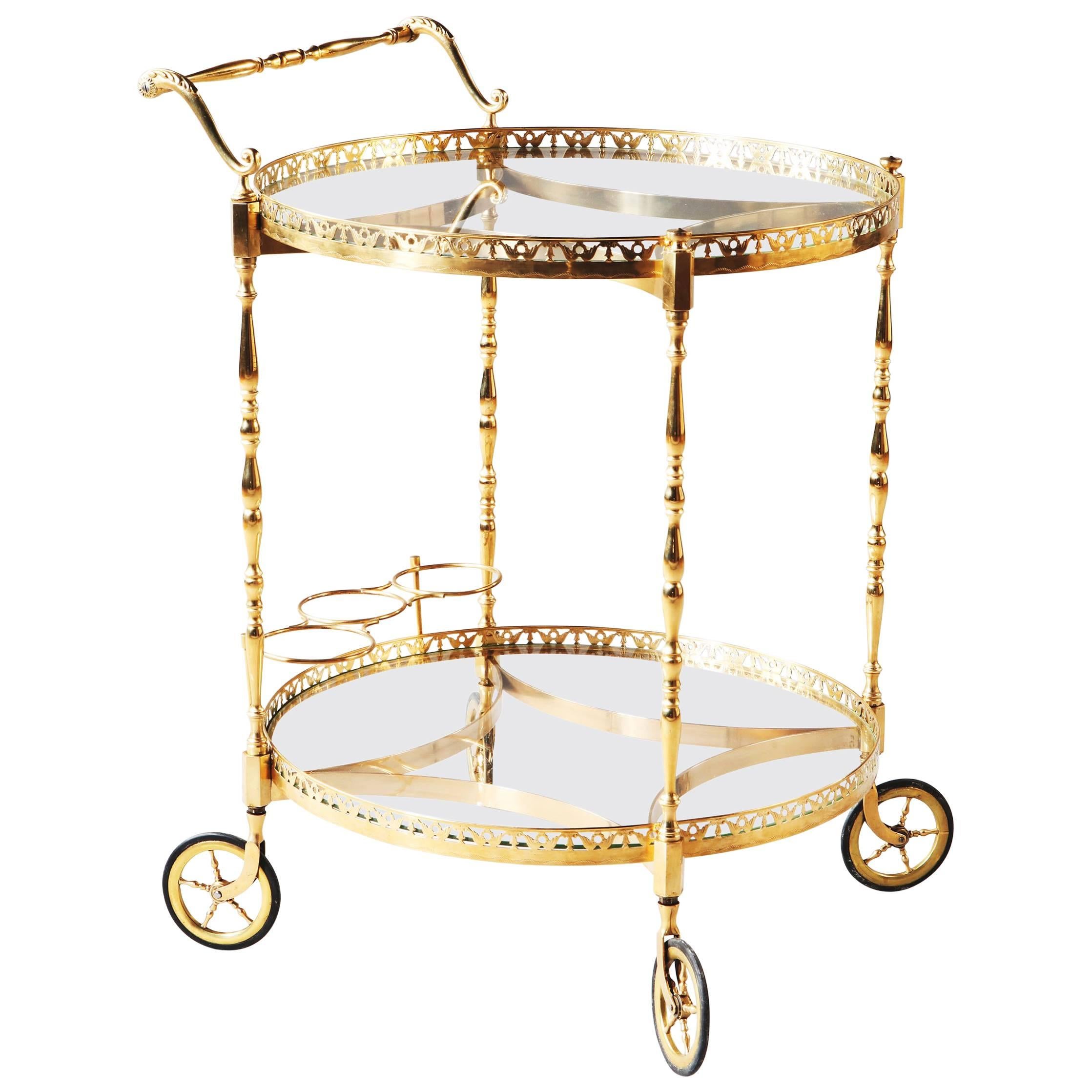 Superb Polished Brass Round Bar Cart Drinks Trolley Attributed to Maison Jansen