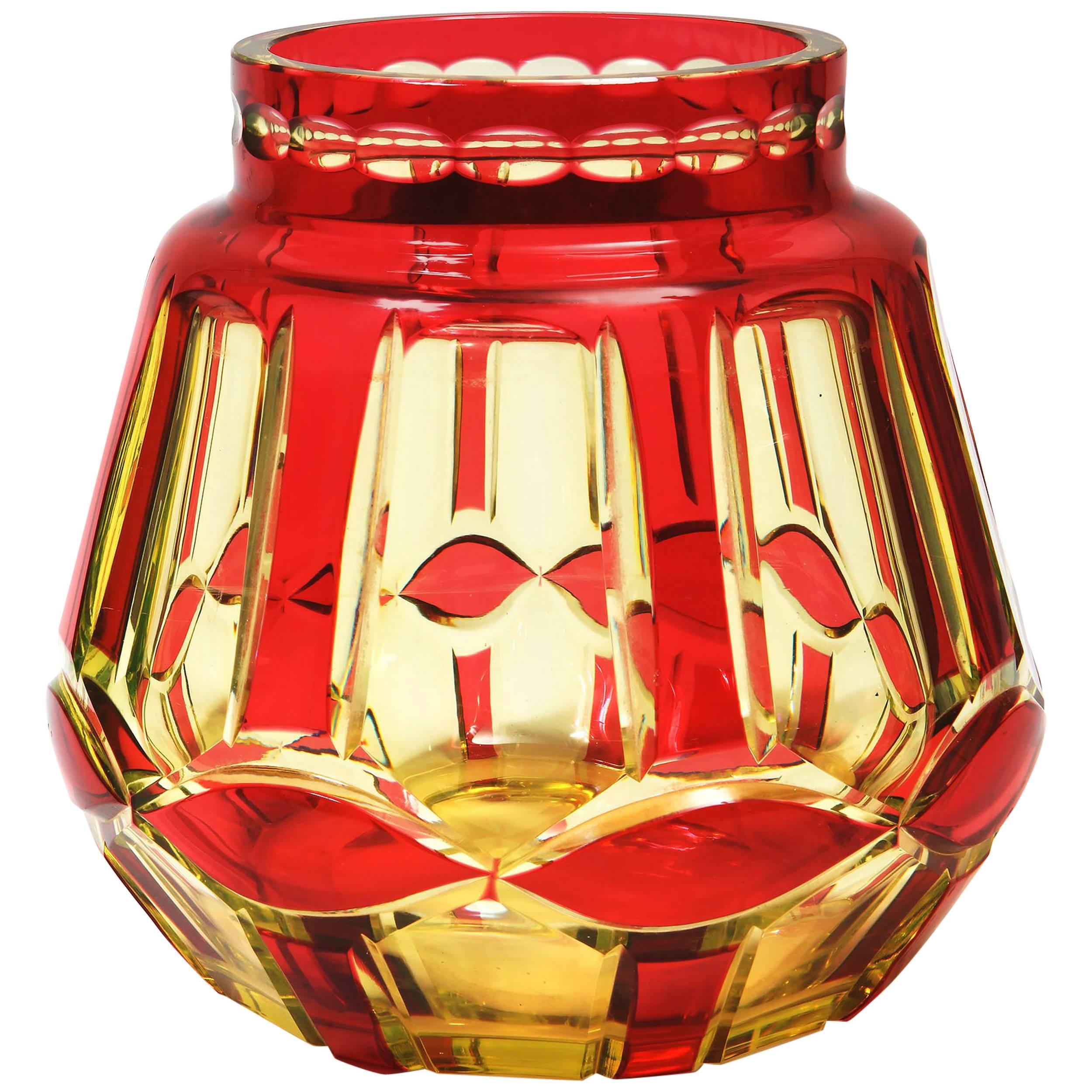 Art Deco Ruby over Yellow Uranium Cut-Glass Vase by Val St Lambert VSL For Sale