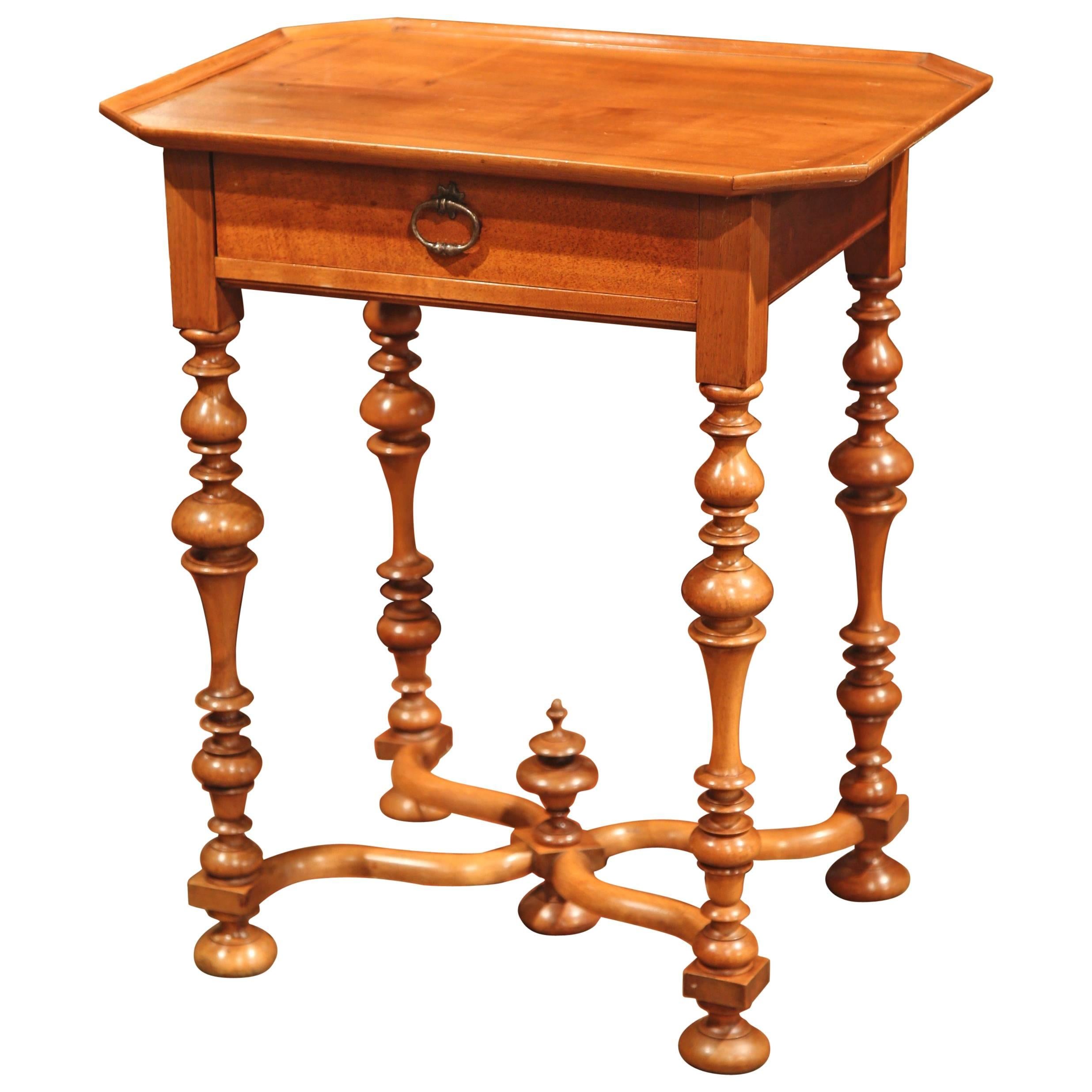 19th Century, French Louis XIII Cherry Side Table with Turned Legs and Stretcher