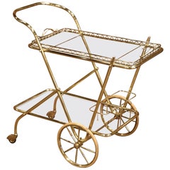 Vintage Early 20th Century French Two-Tier Brass Bar Cart Table with Removable Tray