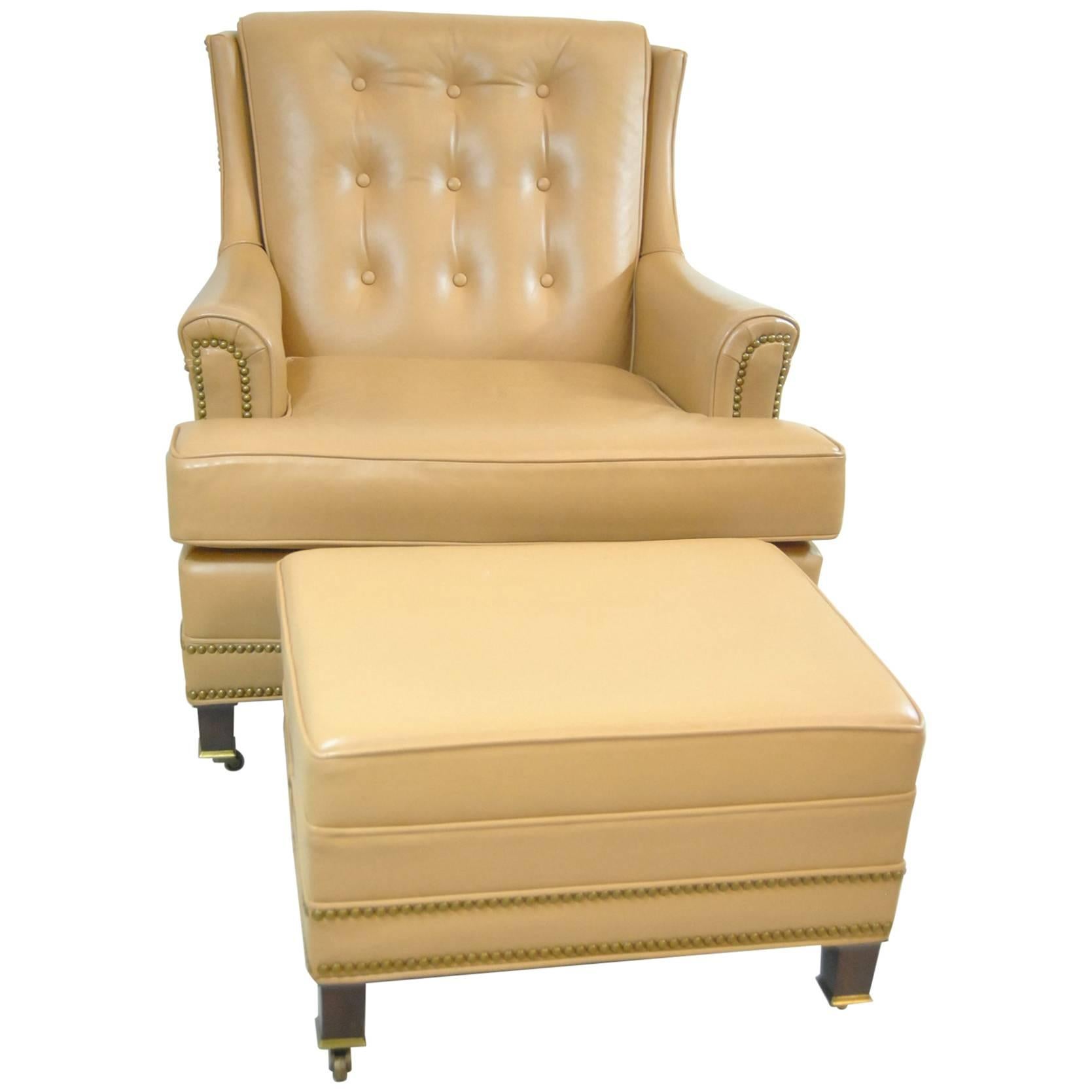 Hancock and Moore Tan Leather Club Chair and Ottoman with Nailhead Trim