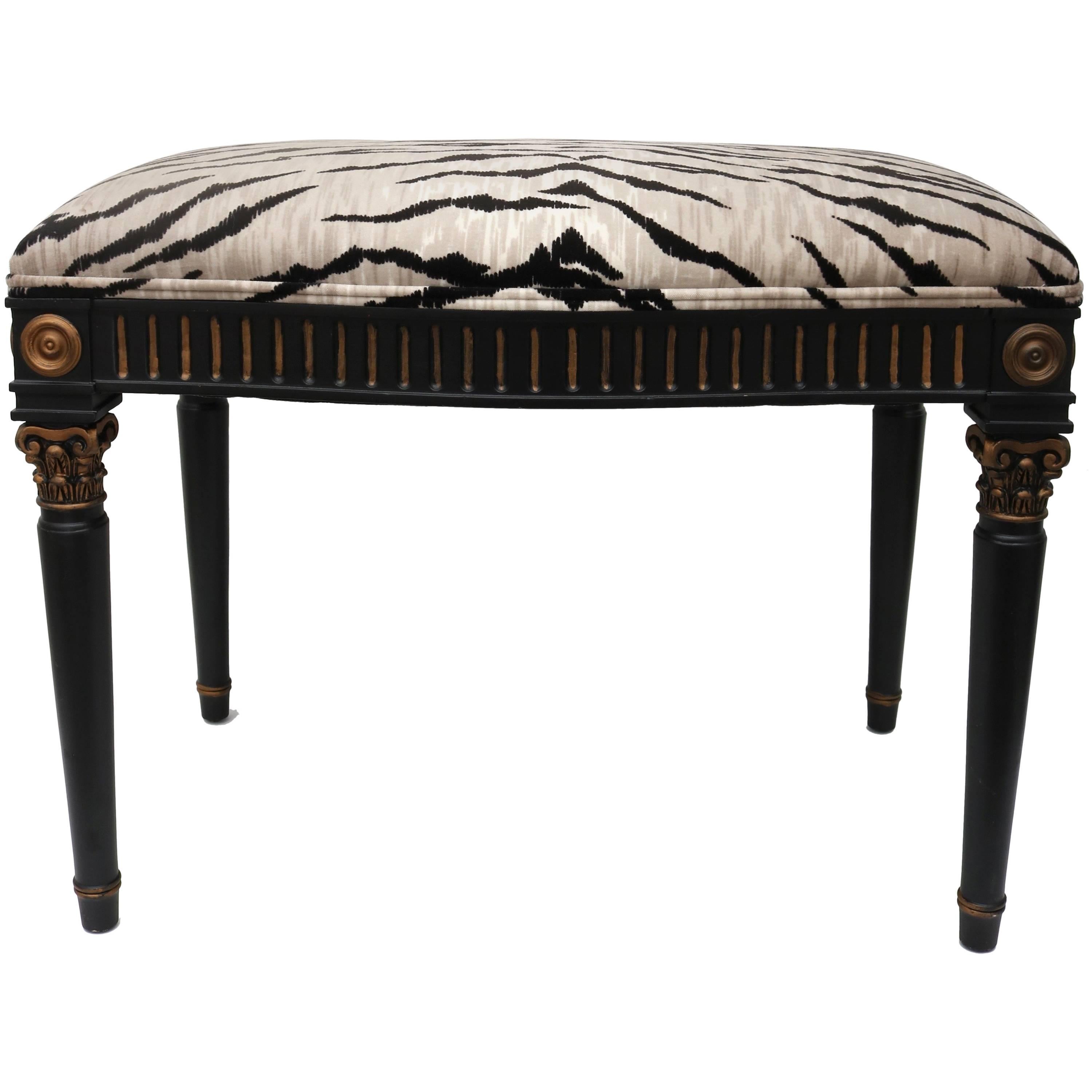 Louis XVI Style Bench in Black and Gold with Tiger Motif Fabric