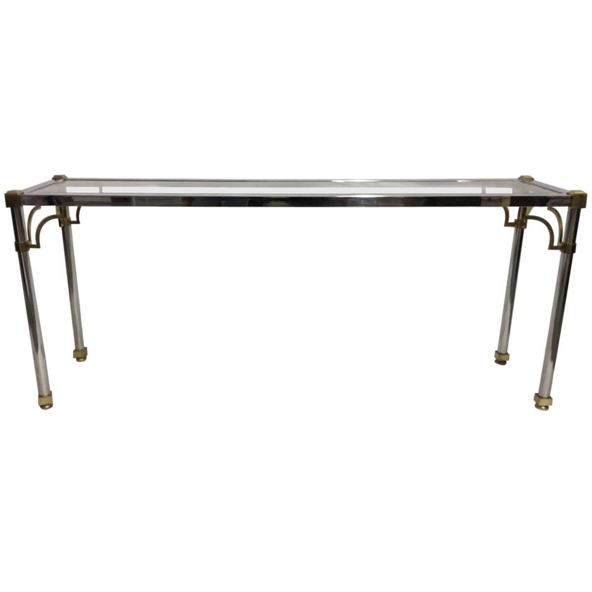 Mid-Century Modern Chrome Console Table with Brass Trim and Beveled Glass Top
