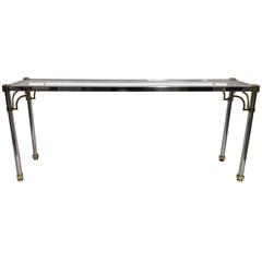Mid-Century Modern Chrome Console Table with Brass Trim and Beveled Glass Top 6