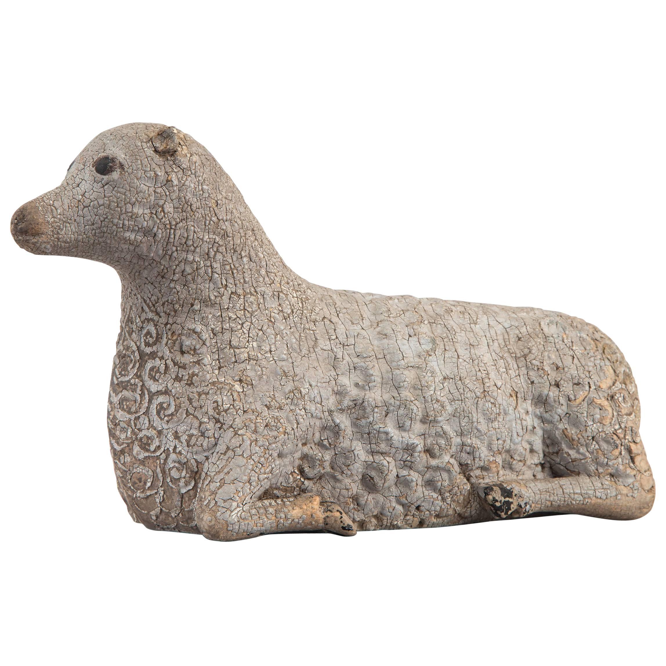 Swedish Painted Wood Sculpture of a Lamb